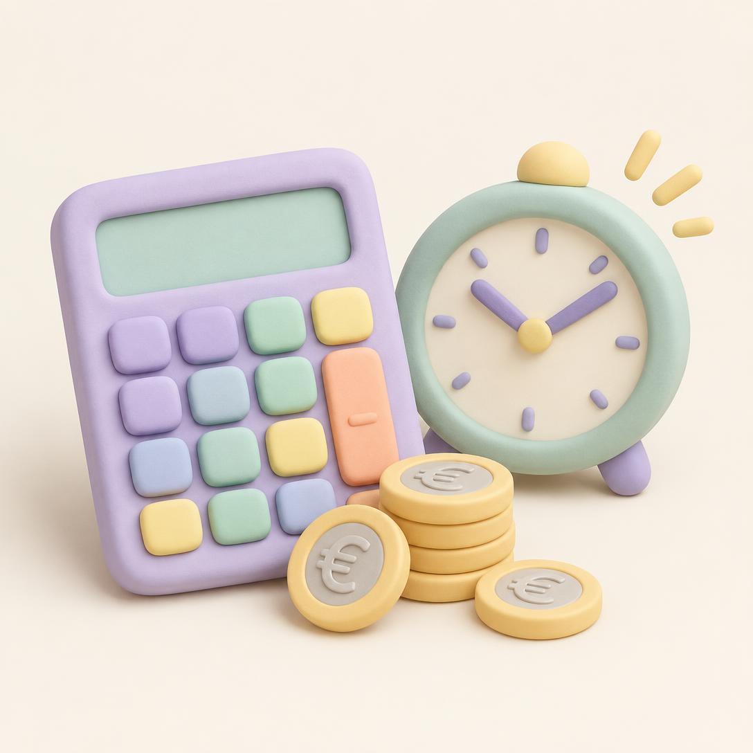 Pastellfarbener Rechner mit Uhr und Euro-Münzen